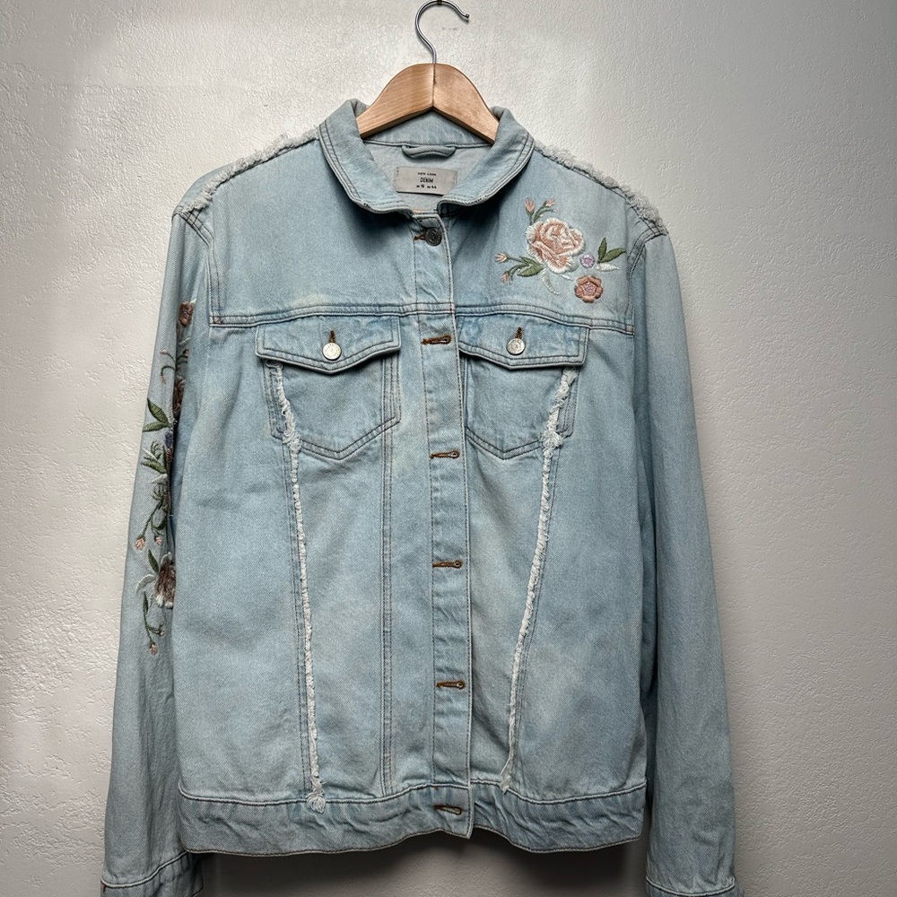 New Look Light Wash Floral Embroidered Jean Jacket